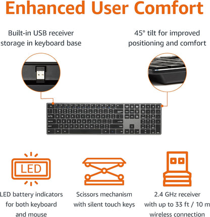 Amazon Basics Ultra Premium Wireless Keyboard and Mouse Combo, Rechargeable, Full-Size with Number Pad, Sleek Design, Plug and Play, Quiet Typing, 2.4GHz USB Receiver, Black