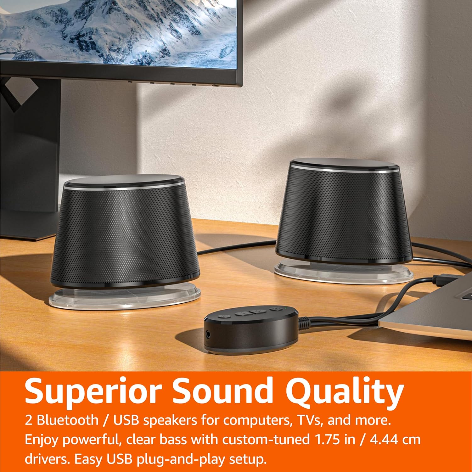 Amazon Basics Bluetooth Computer Speakers with USB 3.0, LED Blue Lighting, Volume Control, USB Powered, Set of 2