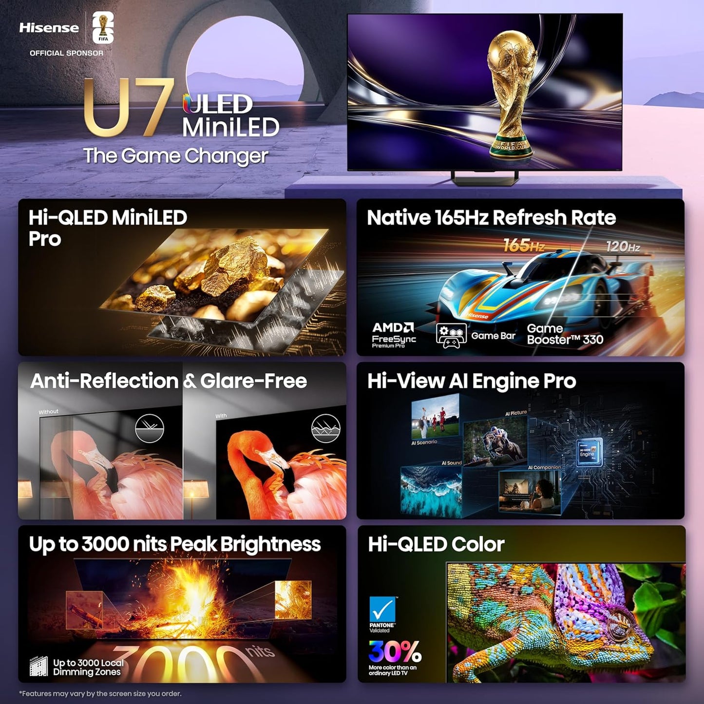 Hisense 65" U7 Mini-LED ULED 4K UHD Best Premium Gaming Smart Google TV (65U7SG, 2026 NEW) - Hi-QLED, Native 165Hz, VRR 330, HDR10+, Dolby Vision IQ · Atmos, IMAX Enhanced, Anti-Reflection, 2.1.2 Ch