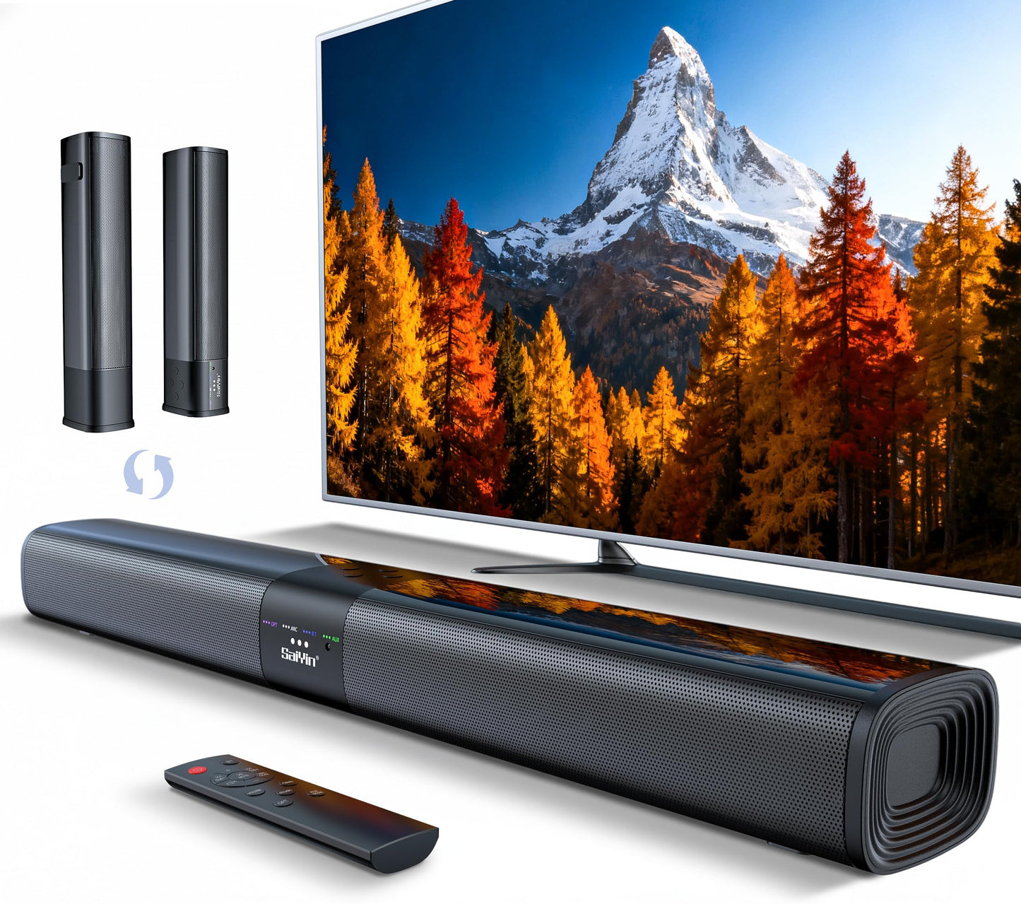 Saiyin Sound Bars for TV with Subwoofer, 2.1 Deep Bass Small Soundbar Monitor Speaker Home Theater Surround System PC Gaming Bluetooth/AUX/Optical Connection, Wall Mountable 17-inch