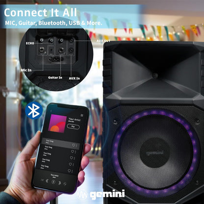 Gemini Sound Portable PA Speaker System with Bluetooth – 15" Woofer, All-Weather IPX4, 24Hr Battery, RGB LED Party Lights, Mic & Guitar Inputs, USB/FM Radio, Wireless Stereo Link (GXP-T1500)