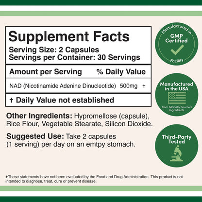 Pure NAD+ Booster Supplement (500mg) – Advanced Cellular Energy, Anti-Aging & Metabolic Support – 60 Capsules