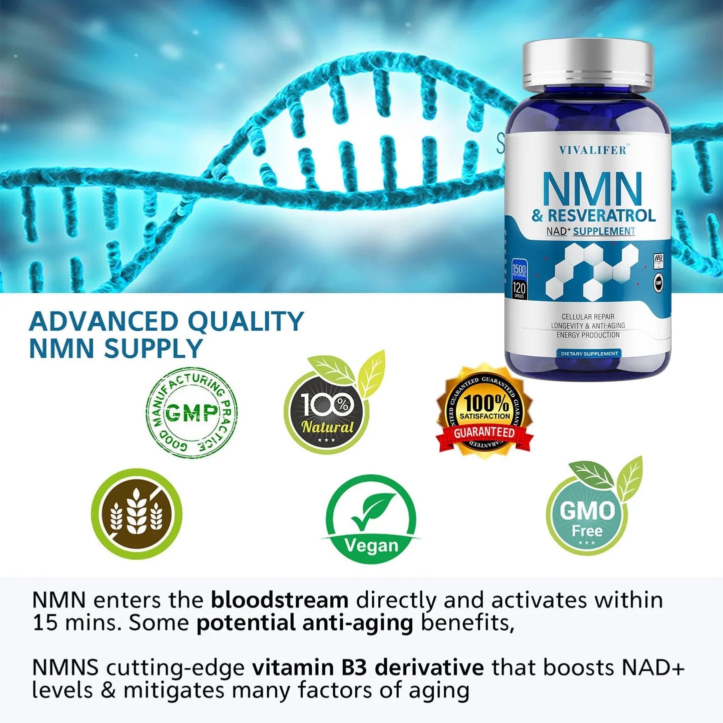 VIVALIFER NMN 500mg - NAD+ Supplement for Cellular Repair, Longevity, Anti-Aging & Energy